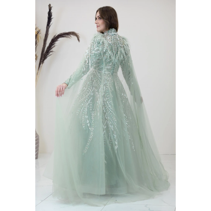 Önü Aplik İşlemeli Pelerinli Kayra Abiye - Çağla