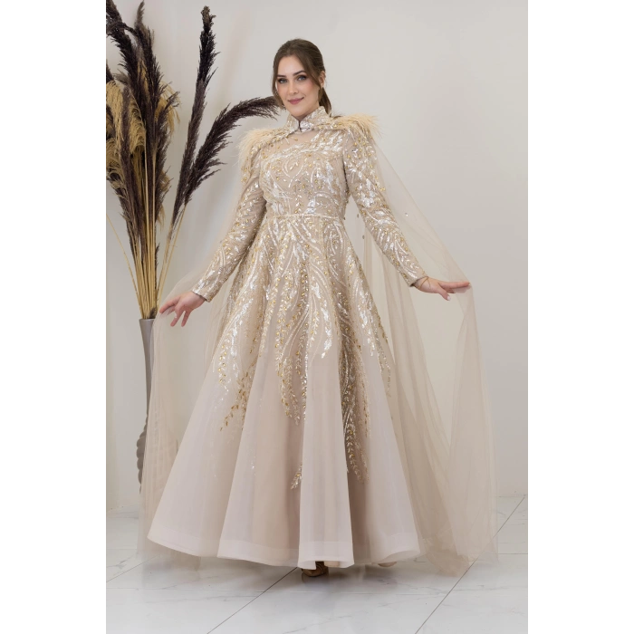 Önü Aplik İşlemeli Pelerinli Kayra Abiye - Gold
