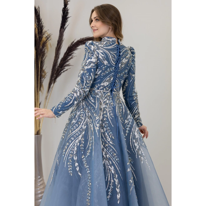 Önü Aplik İşlemeli Pelerinli Kayra Abiye - İndigo