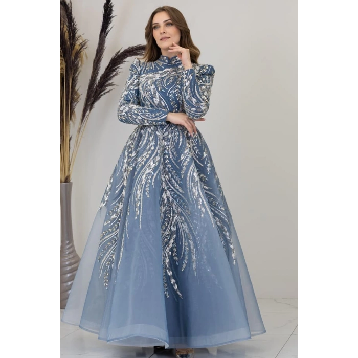 Önü Aplik İşlemeli Pelerinli Kayra Abiye - İndigo