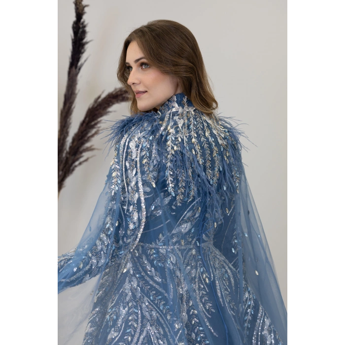 Önü Aplik İşlemeli Pelerinli Kayra Abiye - İndigo