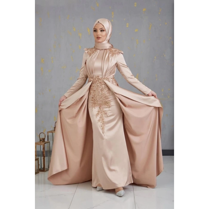 Önü Drapeli Aplikli Karaca Tesettür Abiye - Gold