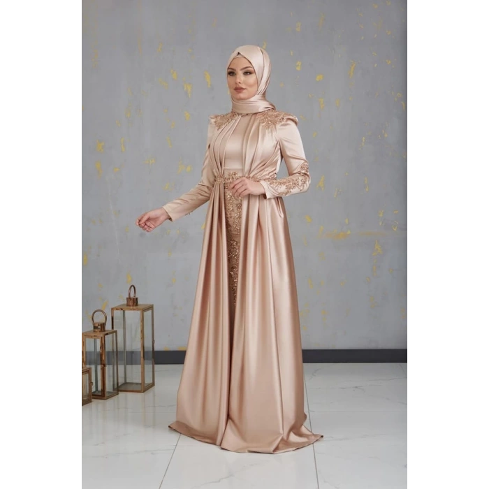 Önü Drapeli Aplikli Karaca Tesettür Abiye - Gold
