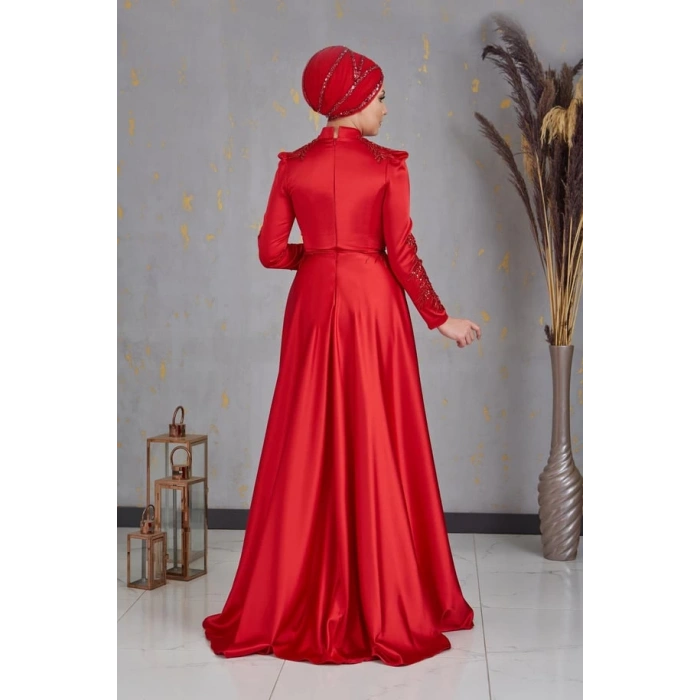 Önü Drapeli Aplikli Karaca Tesettür Abiye - Kırmızı