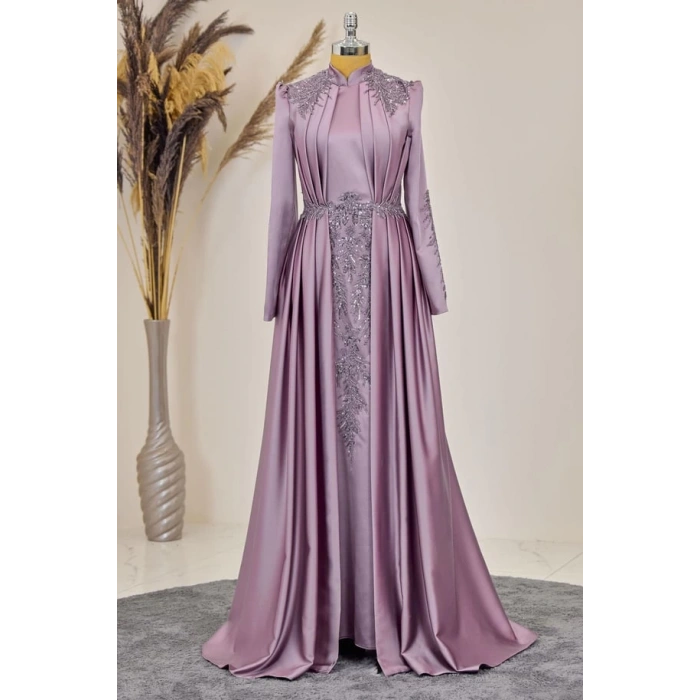 Önü Drapeli Aplikli Karaca Tesettür Abiye - Gül Kurusu