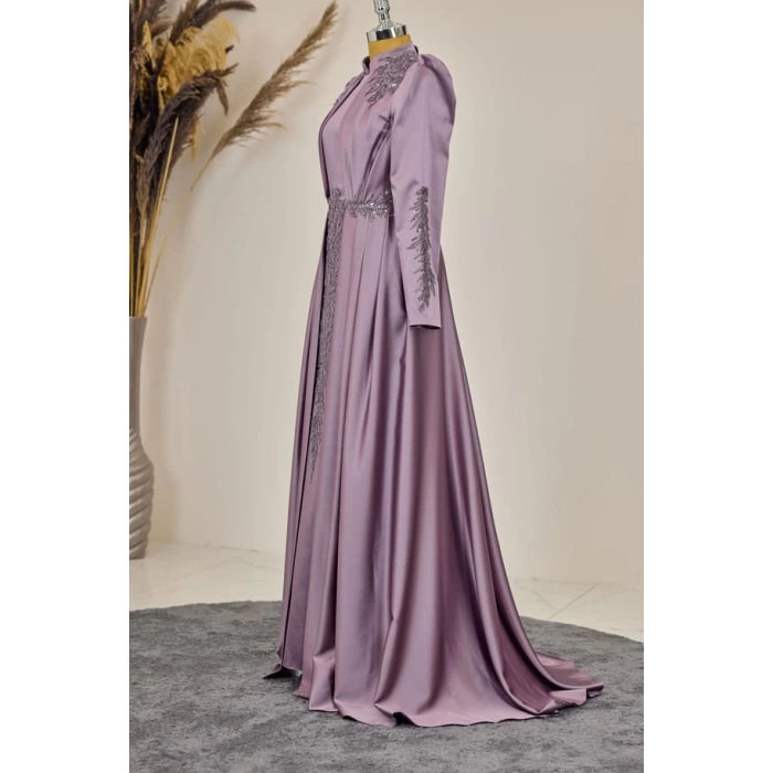 Önü Drapeli Aplikli Karaca Tesettür Abiye - Gül Kurusu