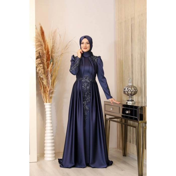Önü Drapeli Aplikli Karaca Tesettür Abiye - Lacivert