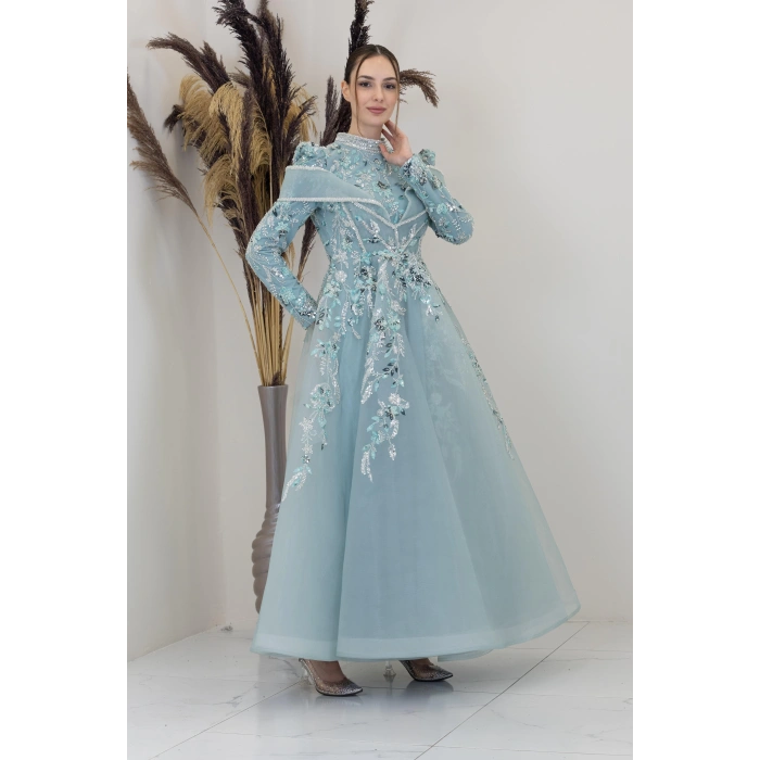 Önü V Aplik İşlemeli Safa Abiye-Mint