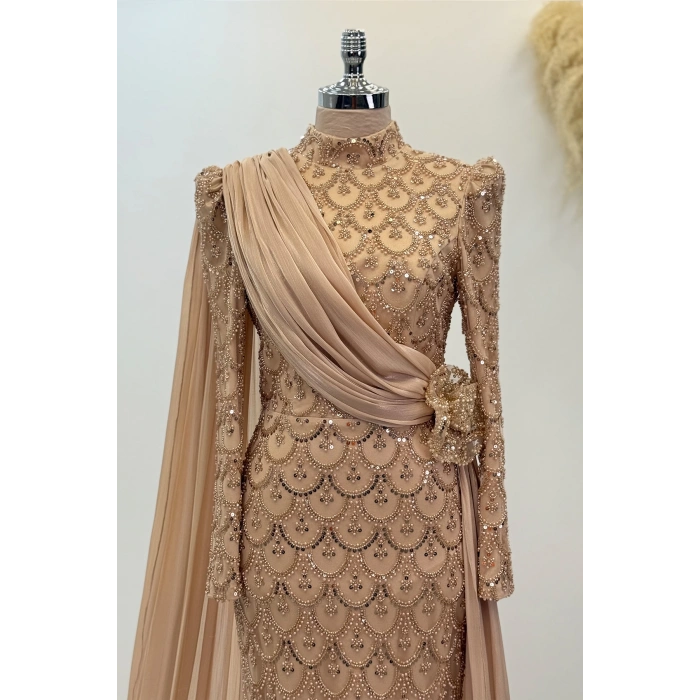 Şifon Pelerin Detay Boncuklu Milena Abiye - Gold