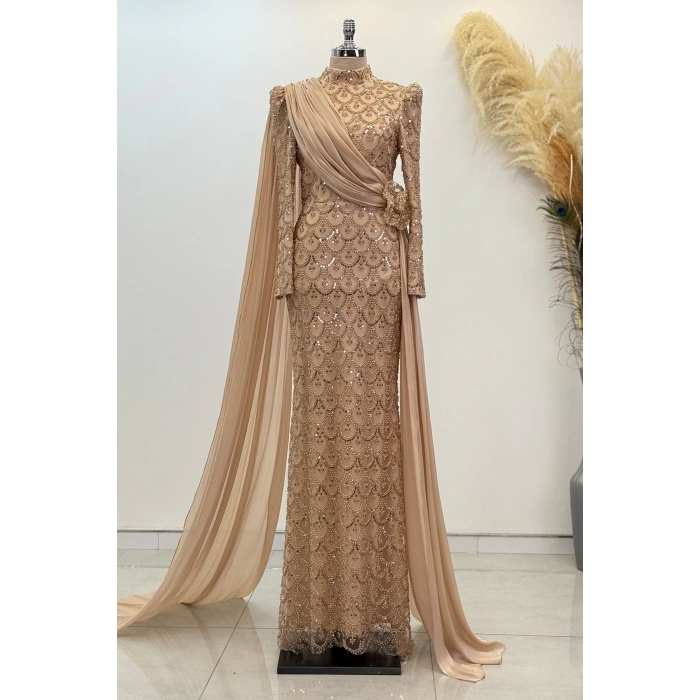 Şifon Pelerin Detay Boncuklu Milena Abiye - Gold