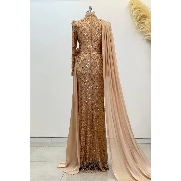 Şifon Pelerin Detay Boncuklu Milena Abiye - Gold