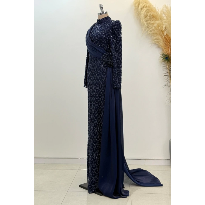 Şifon Pelerin Detay Boncuklu Milena Abiye - Lacivert