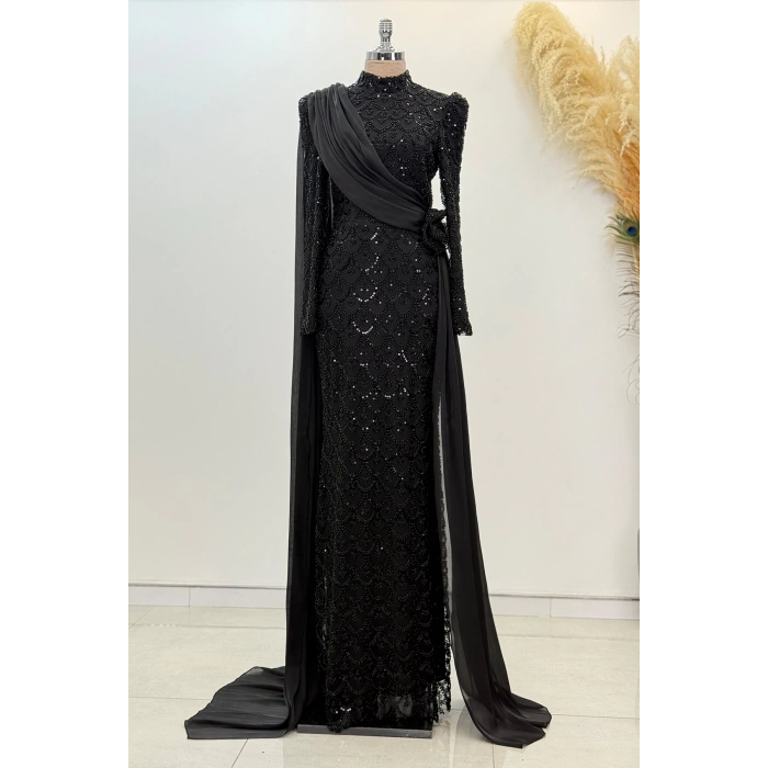 Şifon Pelerin Detay Boncuklu Milena Abiye - Siyah