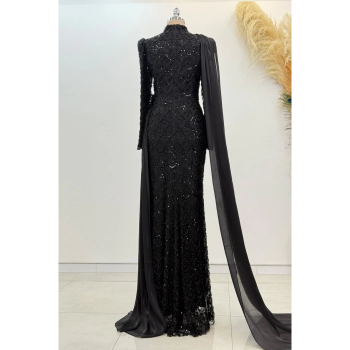 Şifon Pelerin Detay Boncuklu Milena Abiye - Siyah