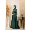 Önü Drapeli Aplikli Karaca Tesettür Abiye - Zümrüt Yeşili