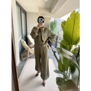 Fularlı Saten Haki Takım