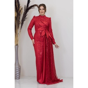 Beli Çiçek Detaylı Bergüzar Abiye - Kırmızı