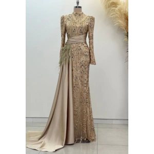 Beli Kuyruk Detay Dantel Zenna Abiye - Gold