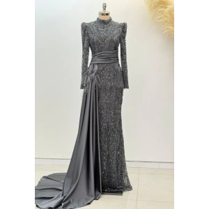 Beli Kuyruk Detay Dantel Zenna Abiye - Gri