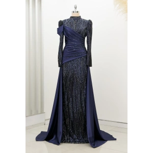 Boncuk Detay Kuyruklu Hailey Abiye - Lacivert