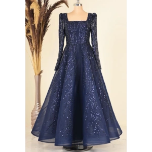 Boncuk İşlemeli Karmen Abiye - Lacivert