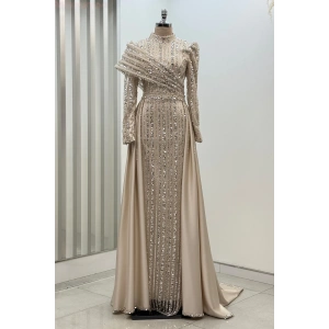 Omuz Detaylı Saten Elegance Abiye - Gold