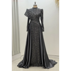 Omuz Detaylı Saten Elegance Abiye - Gri