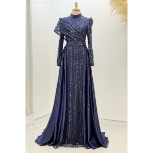 Omuz Detaylı Saten Elegance Abiye - Lacivert