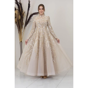 Önü Aplik İşlemeli Pelerinli Kayra Abiye - Gold