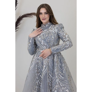 Önü Aplik İşlemeli Pelerinli Kayra Abiye - Gri