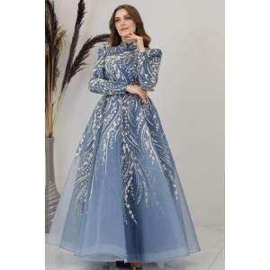 Önü Aplik İşlemeli Pelerinli Kayra Abiye - İndigo