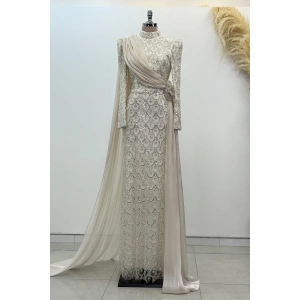 Şifon Pelerin Detay Boncuklu Milena Abiye - Beyaz