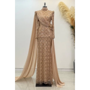 Şifon Pelerin Detay Boncuklu Milena Abiye - Gold