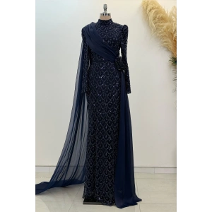 Şifon Pelerin Detay Boncuklu Milena Abiye - Lacivert