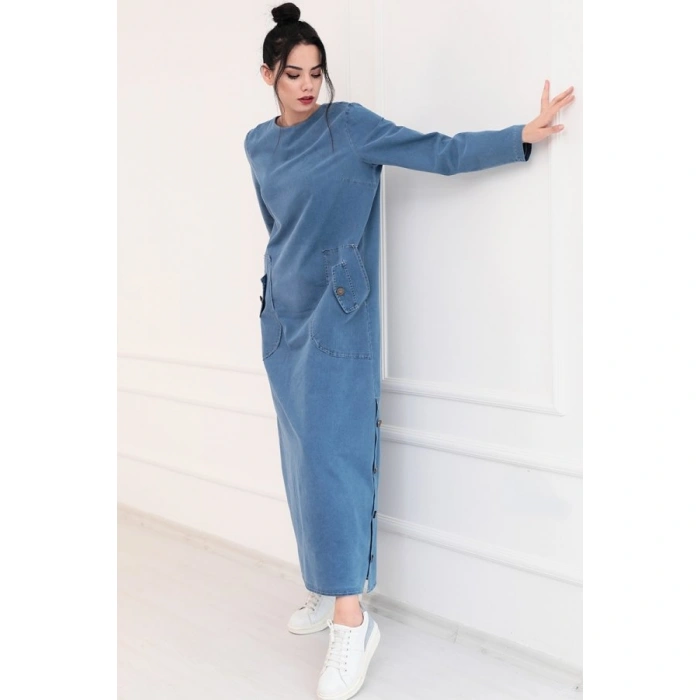 RENGİN KOT ELBİSE MAVİ