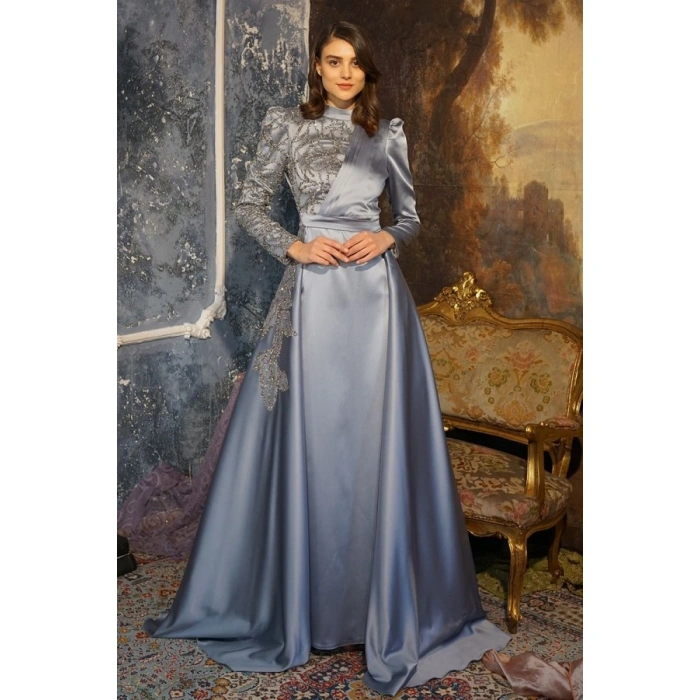 TAŞLI SATEN ABİYE MAVİ