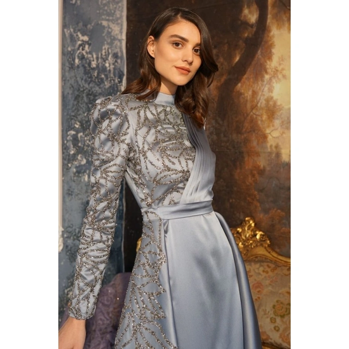 TAŞLI SATEN ABİYE MAVİ