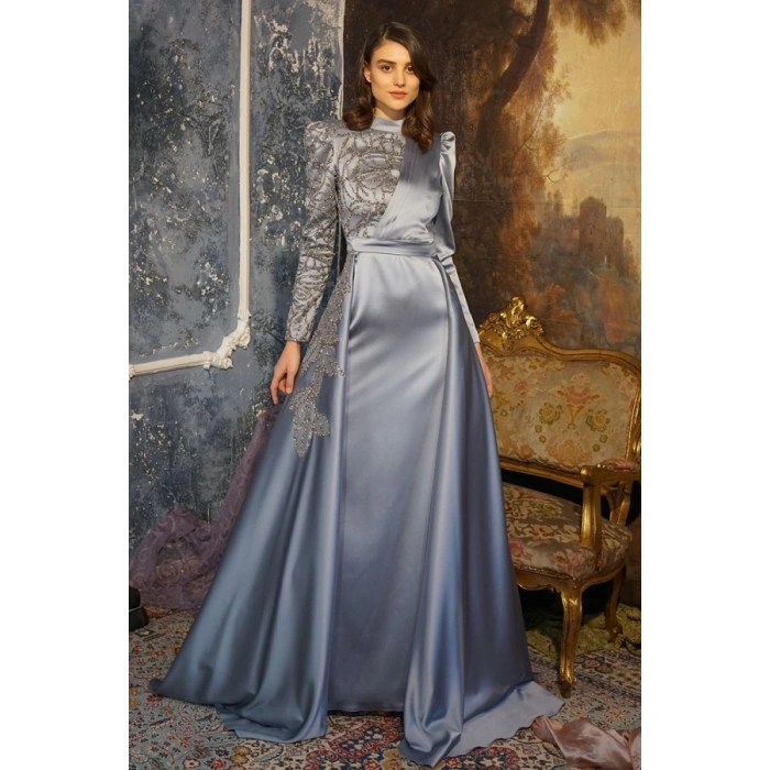 TAŞLI SATEN ABİYE MAVİ