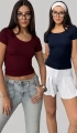 Kadın 2li Paket Bordo-Lacivert U Yaka Buzy Modal Kumaş Basic Kısa Kol Bluz
