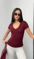 Kadın 2li Paket Bordo-Lacivert V Yaka Buzy Modal Kumaş Basic Kısa Kol Bluz