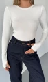 Kadın Beyaz Bisiklet Yaka Parmak Geçmeli Modal Kumaş Body