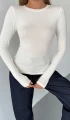 Kadın Beyaz Bisiklet Yaka Parmak Geçmeli Modal Kumaş Body