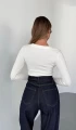 Kadın Beyaz Bisiklet Yaka Parmak Geçmeli Modal Kumaş Body