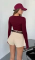 Kadın Bordo Bisiklet Yaka Parmak Geçmeli Modal Kumaş Body