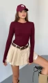 Kadın Bordo Bisiklet Yaka Parmak Geçmeli Modal Kumaş Body