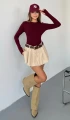 Kadın Bordo Bisiklet Yaka Parmak Geçmeli Modal Kumaş Body