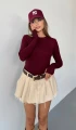 Kadın Bordo Bisiklet Yaka Parmak Geçmeli Modal Kumaş Body