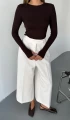 Kadın Kahve Bisiklet Yaka Parmak Geçmeli Modal Kumaş Body