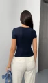 Kadın Lacivert V Yaka Buzy Modal Kumaş Basic Kısa Kol Bluz
