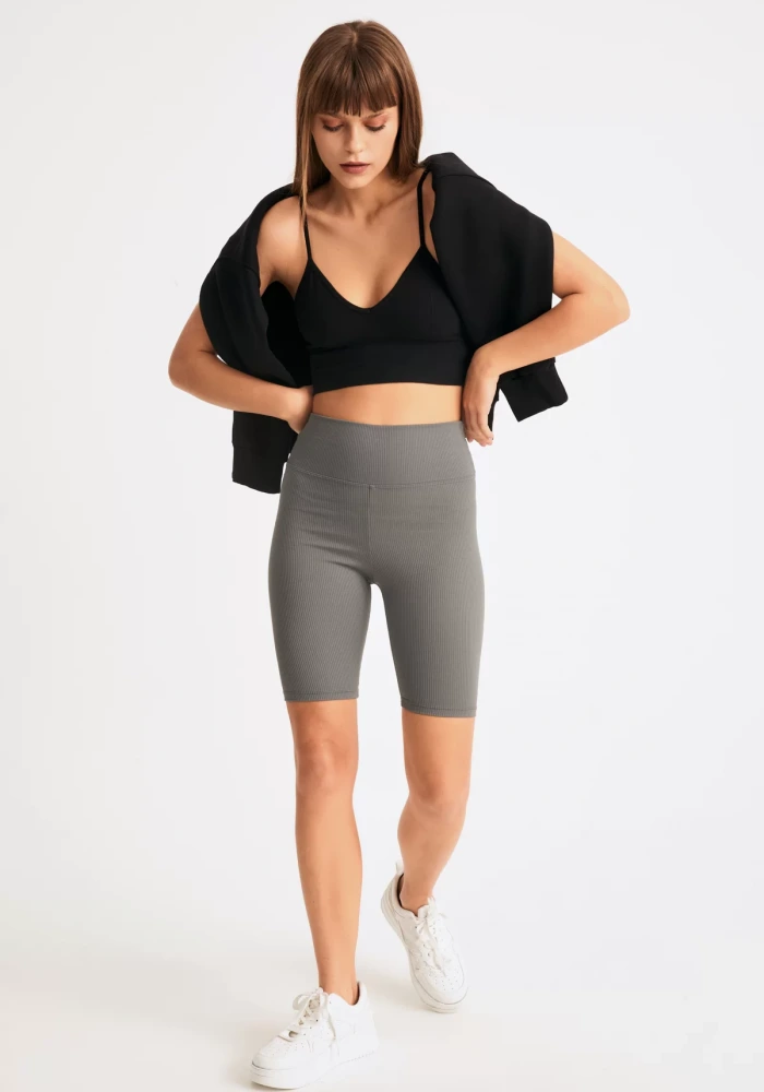 Kadın Antrasit Biker Fitilli Yüksek Bel Toparlayıcı Tayt